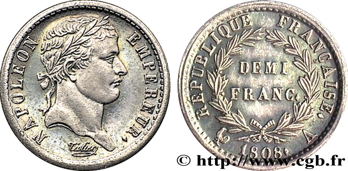 Demi-franc Napoléon Ier tête laurée, République française, buste fin 1808  Toulouse F./ fmd_201440 Modern coins